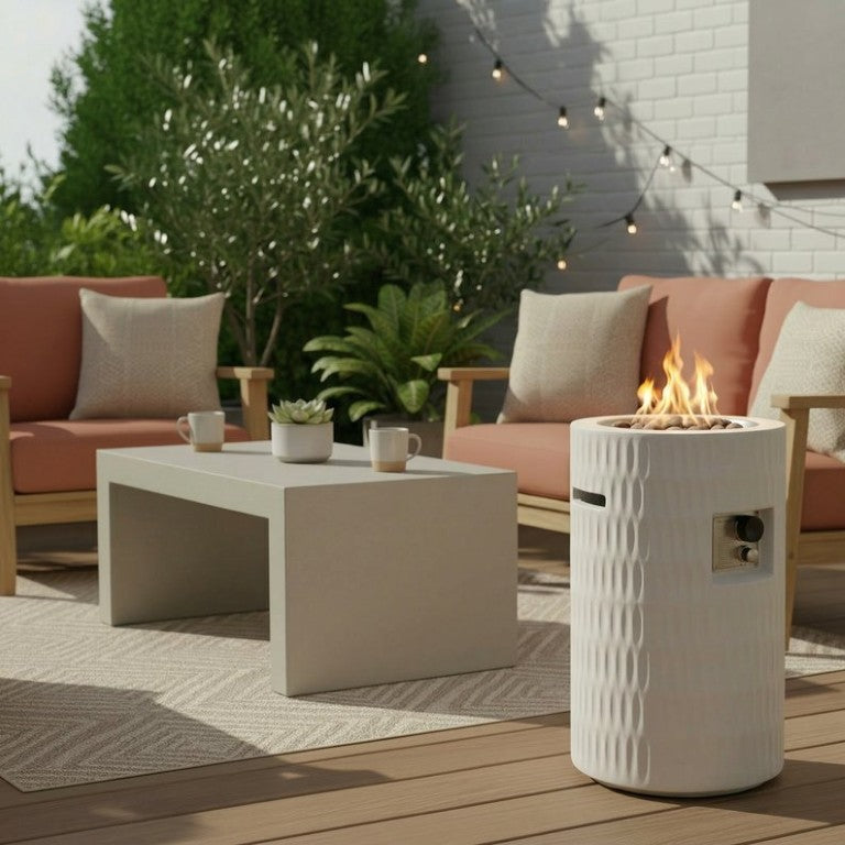 English Elm 26 Inch Concrete Column Propane Fire Pit 40000 BTU Sculptural Outdoor Patio Burner W5727P465776