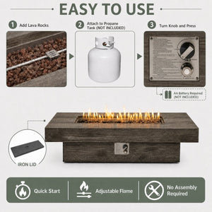 English Elm 50 Inch Rectangular Concrete Propane Fire Pit Table with Wood Grain Finish 50000 BTU W5727P552280
