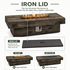 English Elm 50 Inch Rectangular Concrete Propane Fire Pit Table with Wood Grain Finish 50000 BTU W5727P552280