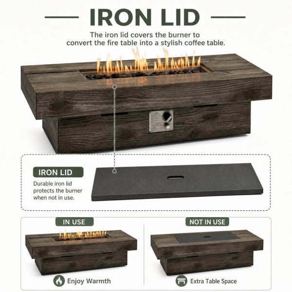 English Elm 50 Inch Rectangular Concrete Propane Fire Pit Table with Wood Grain Finish 50000 BTU W5727P552280