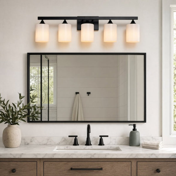 English Elm 5-Light Matte Black Vanity Fixture Frosted Cylindrical Glass Shades for Modern Bath W5735P535360