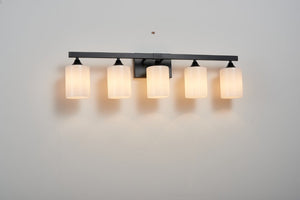 English Elm 5-Light Matte Black Vanity Fixture Frosted Cylindrical Glass Shades for Modern Bath W5735P535360
