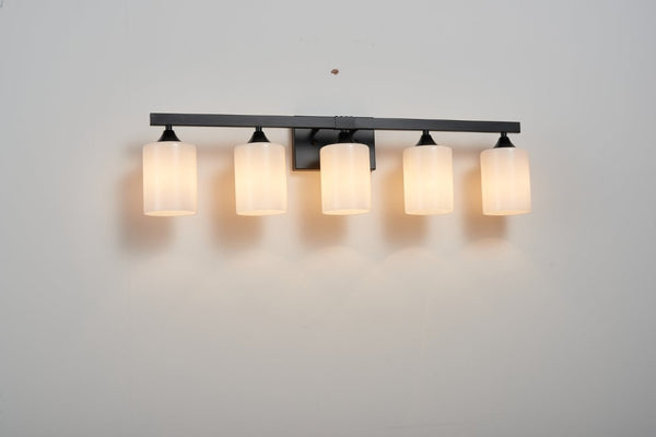 English Elm 5-Light Matte Black Vanity Fixture Frosted Cylindrical Glass Shades for Modern Bath W5735P535360