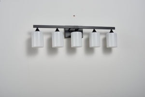 English Elm 5-Light Matte Black Vanity Fixture Frosted Cylindrical Glass Shades for Modern Bath W5735P535360