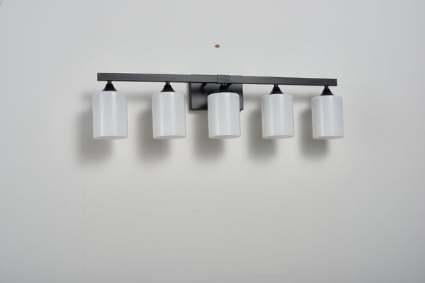 English Elm 5-Light Matte Black Vanity Fixture Frosted Cylindrical Glass Shades for Modern Bath W5735P535360