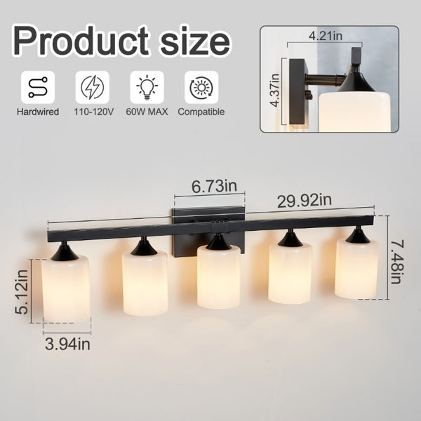 English Elm 5-Light Matte Black Vanity Fixture Frosted Cylindrical Glass Shades for Modern Bath W5735P535360