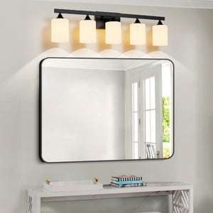English Elm 5-Light Matte Black Vanity Fixture Frosted Cylindrical Glass Shades for Modern Bath W5735P535360