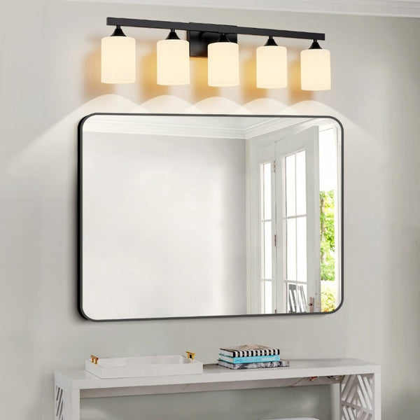 English Elm 5-Light Matte Black Vanity Fixture Frosted Cylindrical Glass Shades for Modern Bath W5735P535360