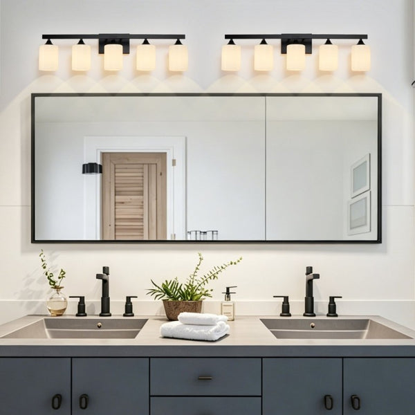English Elm 5-Light Matte Black Vanity Fixture Frosted Cylindrical Glass Shades for Modern Bath W5735P535360