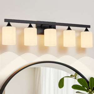 English Elm 5-Light Matte Black Vanity Fixture Frosted Cylindrical Glass Shades for Modern Bath W5735P535360