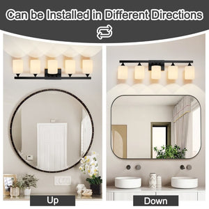 English Elm 5-Light Matte Black Vanity Fixture Frosted Cylindrical Glass Shades for Modern Bath W5735P535360