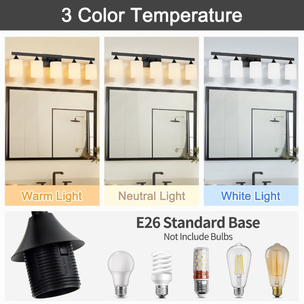 English Elm 5-Light Matte Black Vanity Fixture Frosted Cylindrical Glass Shades for Modern Bath W5735P535360