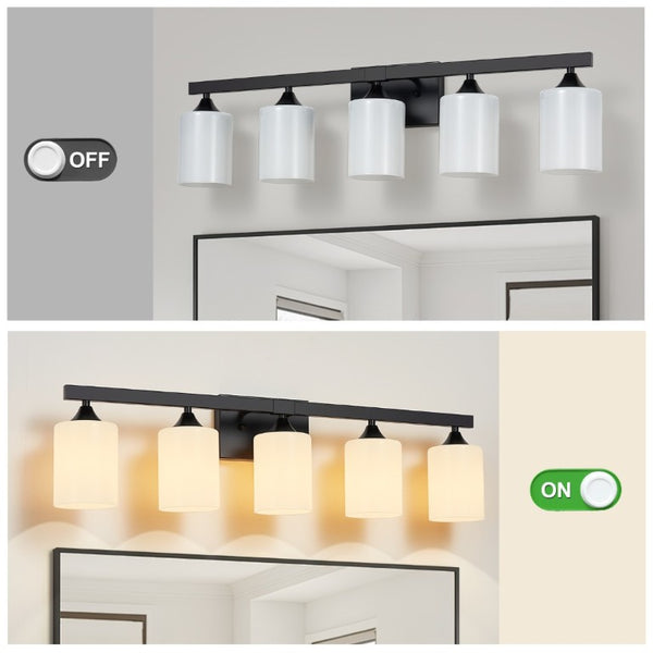 English Elm 5-Light Matte Black Vanity Fixture Frosted Cylindrical Glass Shades for Modern Bath W5735P535360