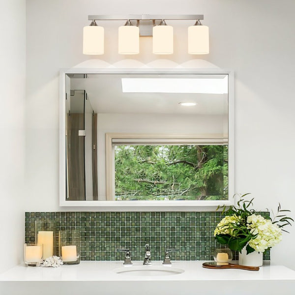 English Elm 4-Light Brushed Brass Vanity Wall Sconce Frosted Cylinder Shades for Modern Bathrooms Silver W5735P535362