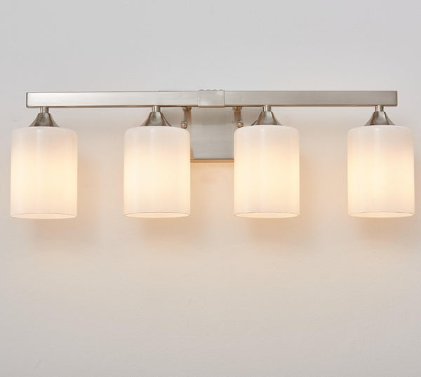English Elm 4-Light Brushed Brass Vanity Wall Sconce Frosted Cylinder Shades for Modern Bathrooms Silver W5735P535362