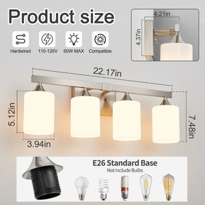 English Elm 4-Light Brushed Brass Vanity Wall Sconce Frosted Cylinder Shades for Modern Bathrooms Silver W5735P535362