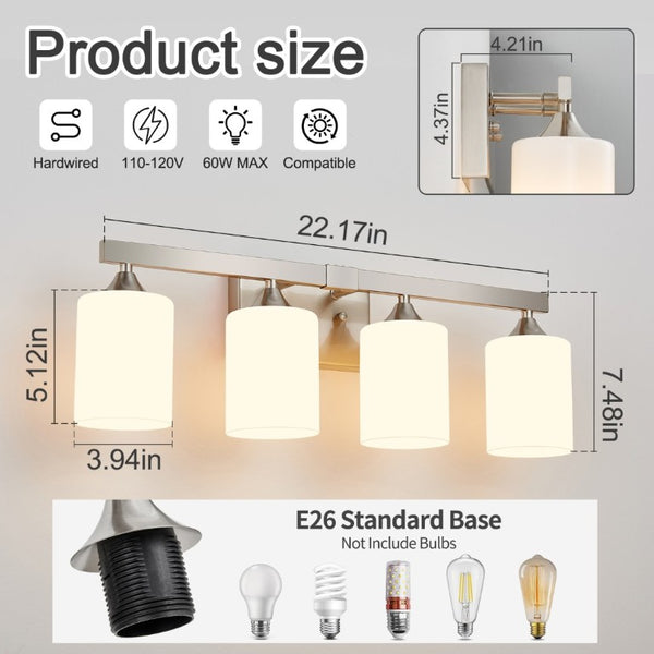 English Elm 4-Light Brushed Brass Vanity Wall Sconce Frosted Cylinder Shades for Modern Bathrooms Silver W5735P535362