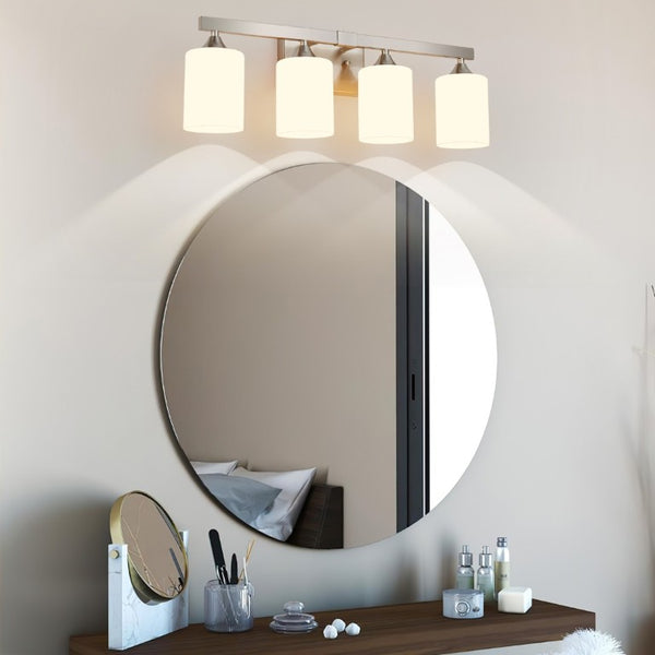 English Elm 4-Light Brushed Brass Vanity Wall Sconce Frosted Cylinder Shades for Modern Bathrooms Silver W5735P535362