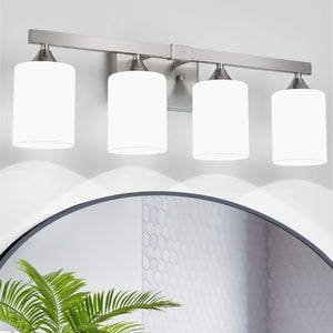 English Elm 4-Light Brushed Brass Vanity Wall Sconce Frosted Cylinder Shades for Modern Bathrooms Silver W5735P535362