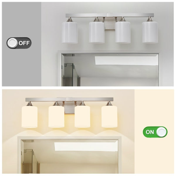 English Elm 4-Light Brushed Brass Vanity Wall Sconce Frosted Cylinder Shades for Modern Bathrooms Silver W5735P535362