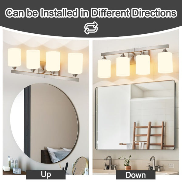 English Elm 4-Light Brushed Brass Vanity Wall Sconce Frosted Cylinder Shades for Modern Bathrooms Silver W5735P535362