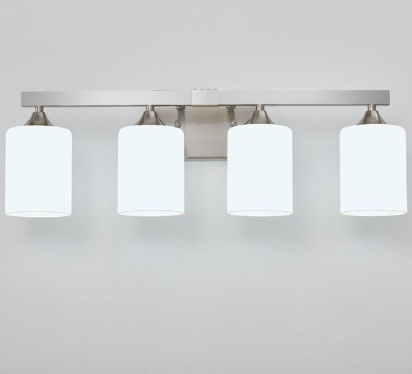 English Elm 4-Light Brushed Brass Vanity Wall Sconce Frosted Cylinder Shades for Modern Bathrooms Silver W5735P535362