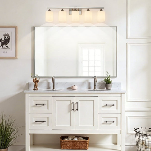 English Elm 5-Light Brushed Brass Vanity Fixture Frosted Cylinder Shades for Bathroom Mirror Wall Silver W5735P535363