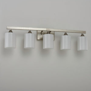 English Elm 5-Light Brushed Brass Vanity Fixture Frosted Cylinder Shades for Bathroom Mirror Wall Silver W5735P535363