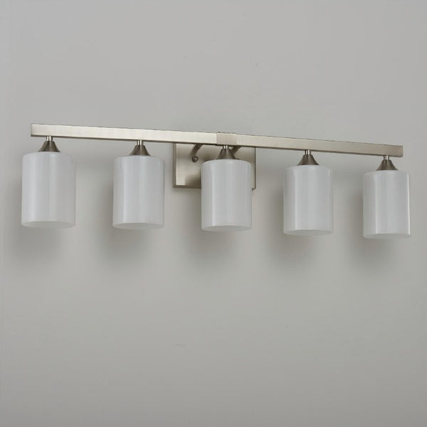 English Elm 5-Light Brushed Brass Vanity Fixture Frosted Cylinder Shades for Bathroom Mirror Wall Silver W5735P535363