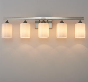 English Elm 5-Light Brushed Brass Vanity Fixture Frosted Cylinder Shades for Bathroom Mirror Wall Silver W5735P535363