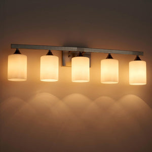 English Elm 5-Light Brushed Brass Vanity Fixture Frosted Cylinder Shades for Bathroom Mirror Wall Silver W5735P535363