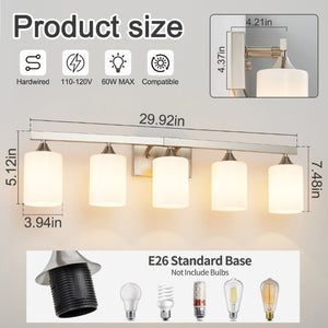 English Elm 5-Light Brushed Brass Vanity Fixture Frosted Cylinder Shades for Bathroom Mirror Wall Silver W5735P535363