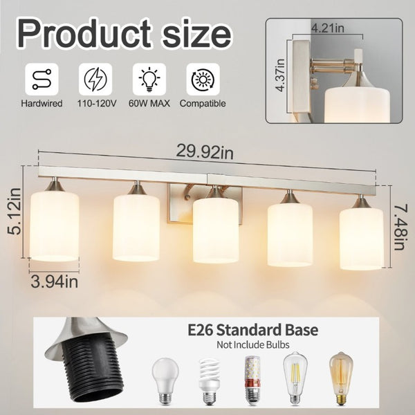 English Elm 5-Light Brushed Brass Vanity Fixture Frosted Cylinder Shades for Bathroom Mirror Wall Silver W5735P535363