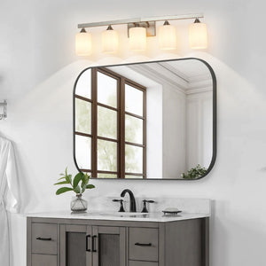 English Elm 5-Light Brushed Brass Vanity Fixture Frosted Cylinder Shades for Bathroom Mirror Wall Silver W5735P535363
