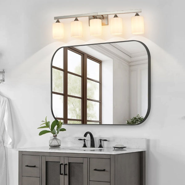 English Elm 5-Light Brushed Brass Vanity Fixture Frosted Cylinder Shades for Bathroom Mirror Wall Silver W5735P535363