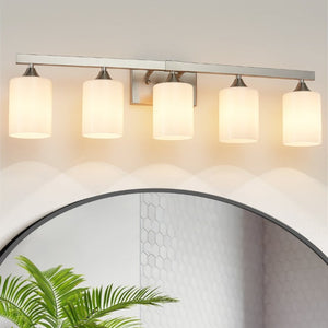 English Elm 5-Light Brushed Brass Vanity Fixture Frosted Cylinder Shades for Bathroom Mirror Wall Silver W5735P535363