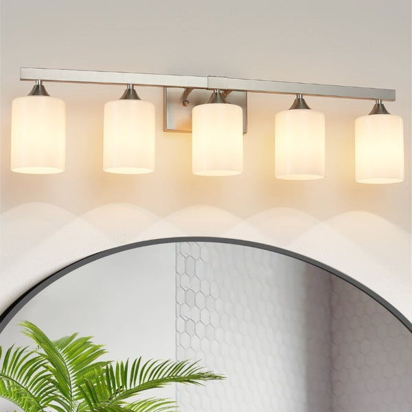 English Elm 5-Light Brushed Brass Vanity Fixture Frosted Cylinder Shades for Bathroom Mirror Wall Silver W5735P535363