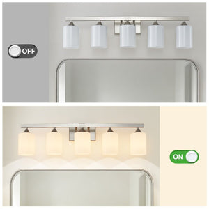 English Elm 5-Light Brushed Brass Vanity Fixture Frosted Cylinder Shades for Bathroom Mirror Wall Silver W5735P535363