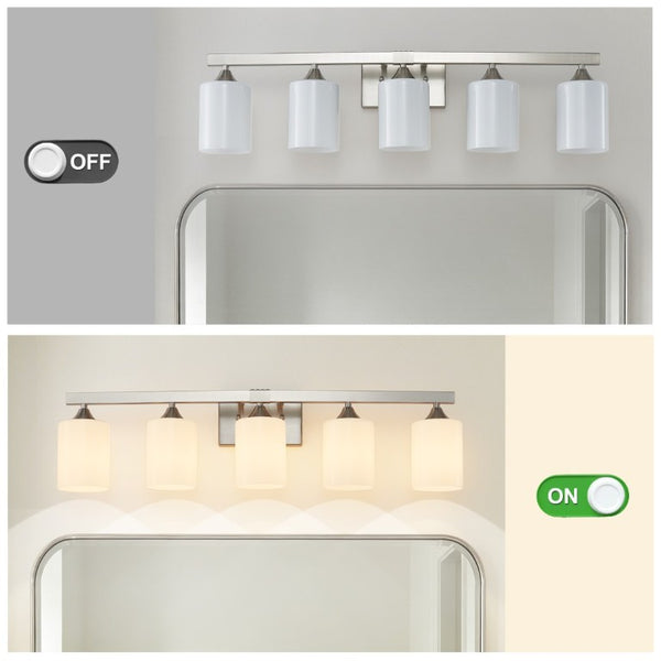English Elm 5-Light Brushed Brass Vanity Fixture Frosted Cylinder Shades for Bathroom Mirror Wall Silver W5735P535363