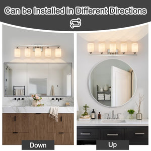 English Elm 5-Light Brushed Brass Vanity Fixture Frosted Cylinder Shades for Bathroom Mirror Wall Silver W5735P535363