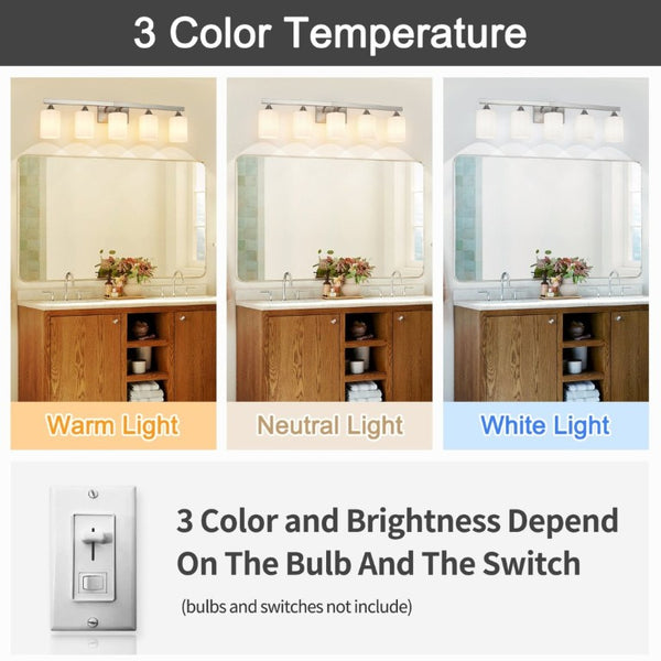 English Elm 5-Light Brushed Brass Vanity Fixture Frosted Cylinder Shades for Bathroom Mirror Wall Silver W5735P535363