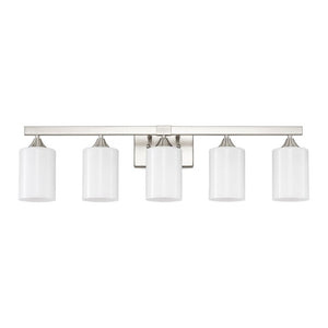 English Elm 5-Light Brushed Brass Vanity Fixture Frosted Cylinder Shades for Bathroom Mirror Wall Silver W5735P535363