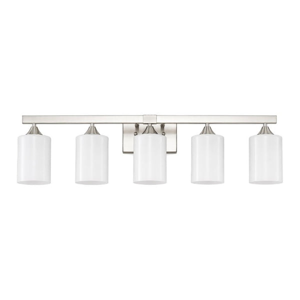 English Elm 5-Light Brushed Brass Vanity Fixture Frosted Cylinder Shades for Bathroom Mirror Wall Silver W5735P535363