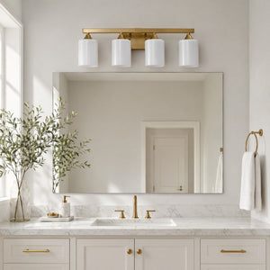English Elm 4-Light Brushed Brass Vanity Wall Sconce Frosted Cylinder Shades for Modern Bathrooms Gold W5735P535365