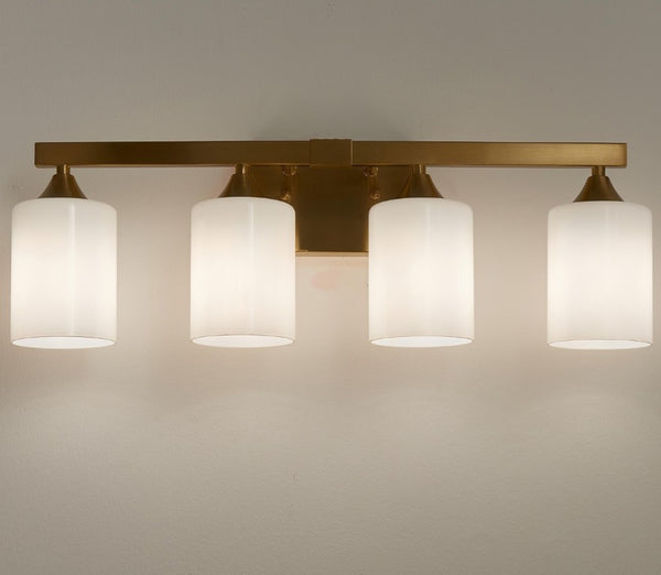 English Elm 4-Light Brushed Brass Vanity Wall Sconce Frosted Cylinder Shades for Modern Bathrooms Gold W5735P535365