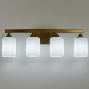 English Elm 4-Light Brushed Brass Vanity Wall Sconce Frosted Cylinder Shades for Modern Bathrooms Gold W5735P535365