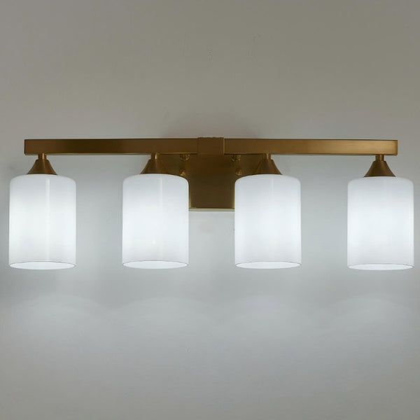 English Elm 4-Light Brushed Brass Vanity Wall Sconce Frosted Cylinder Shades for Modern Bathrooms Gold W5735P535365