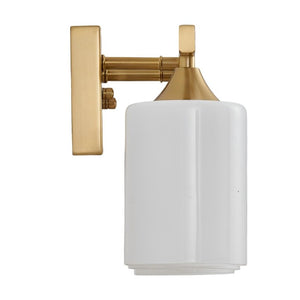 English Elm 4-Light Brushed Brass Vanity Wall Sconce Frosted Cylinder Shades for Modern Bathrooms Gold W5735P535365