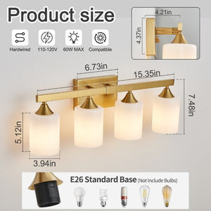 English Elm 4-Light Brushed Brass Vanity Wall Sconce Frosted Cylinder Shades for Modern Bathrooms Gold W5735P535365
