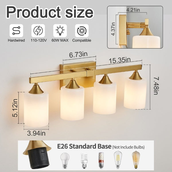English Elm 4-Light Brushed Brass Vanity Wall Sconce Frosted Cylinder Shades for Modern Bathrooms Gold W5735P535365